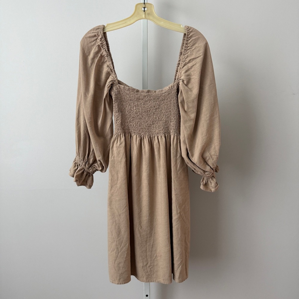 Kourt L Tan Mini Dress Smocked Bodice Puff Sleeve Linen Cottagecore Milkmaid